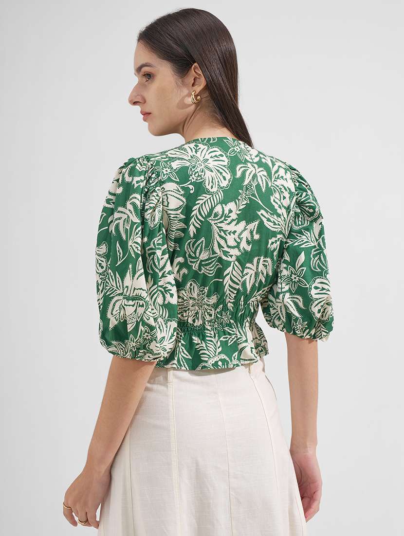 women printed v neck puff sleeves crop top - 22526990 -  Standard Image - 3