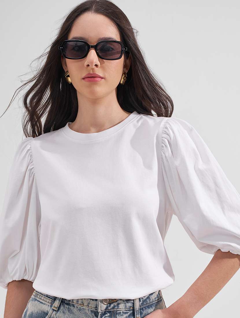 women solid puff sleeves regular top