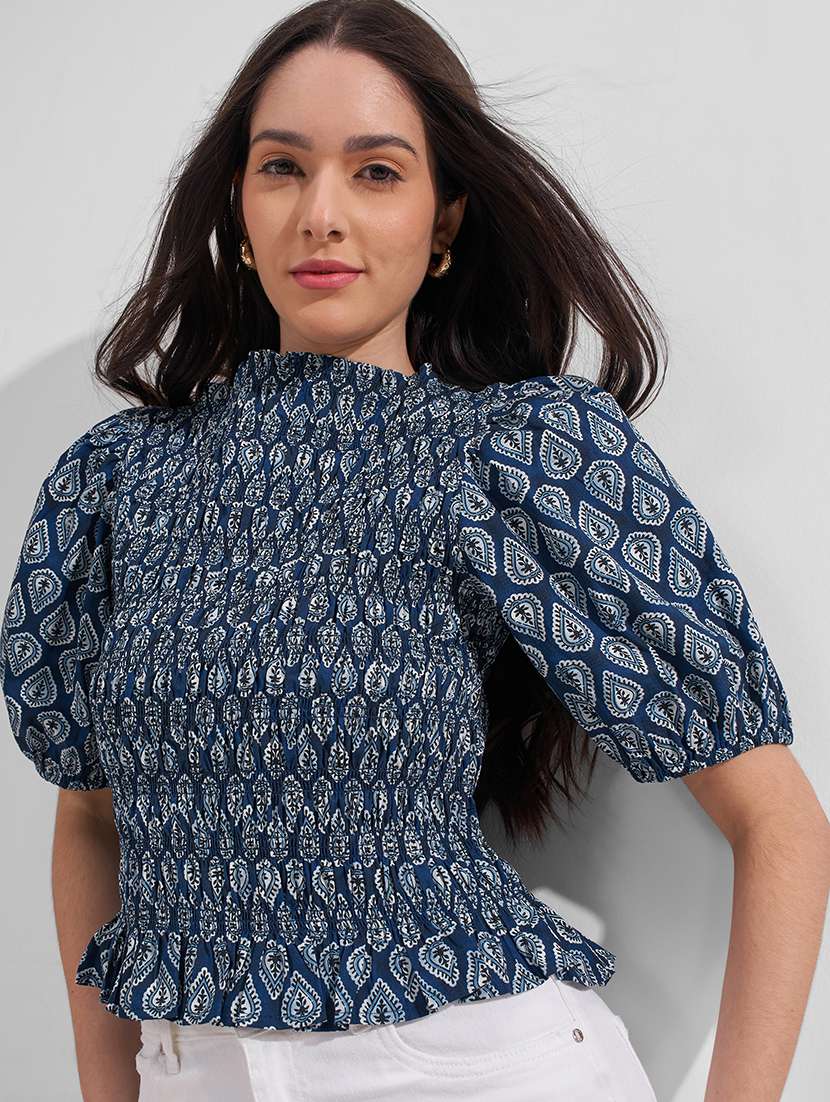 women printed puff sleeves smocked top