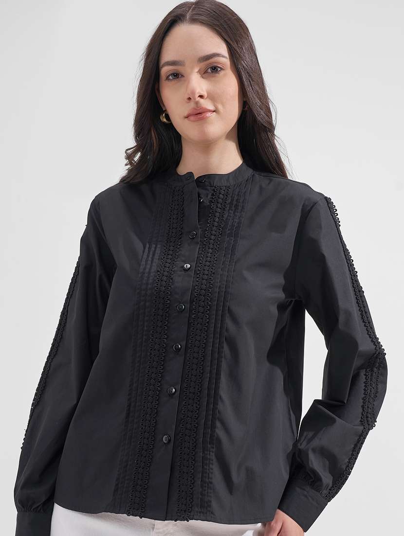women solid mandarin collared shirt style top