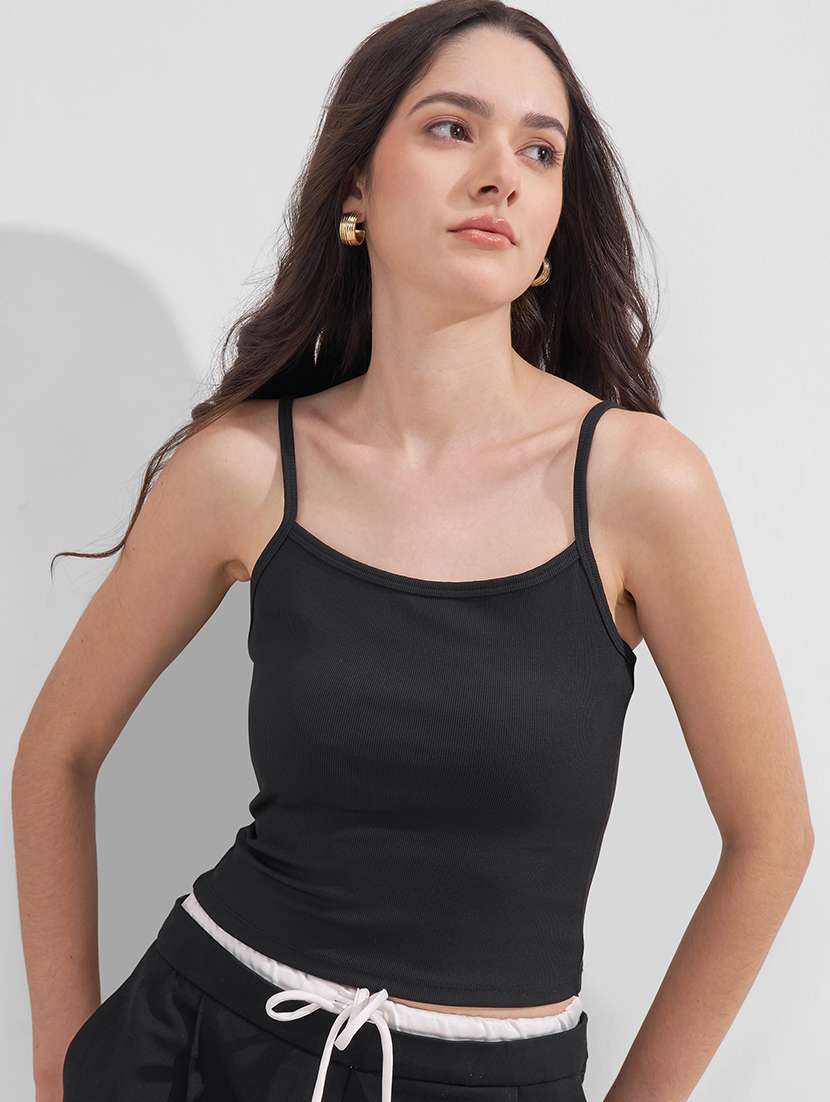 women solid shoulder strap crop top