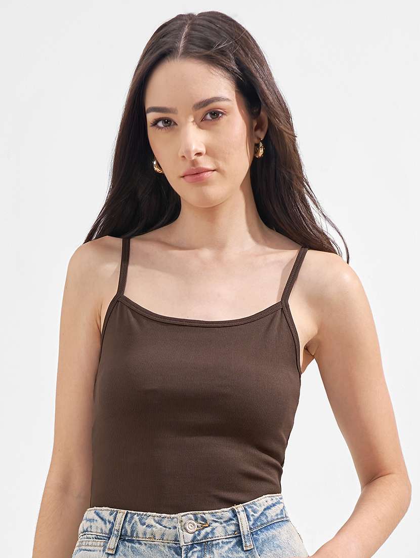 women solid shoulder strap crop top