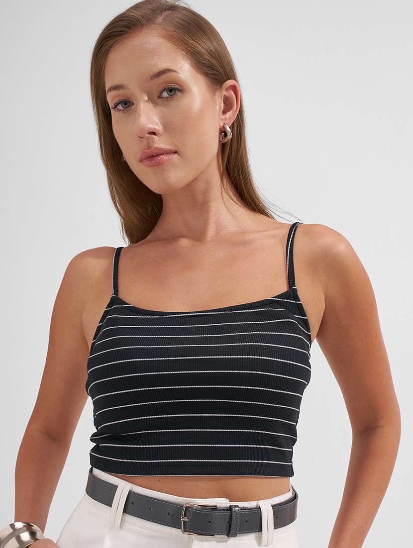 women striped shoulder strap crop top