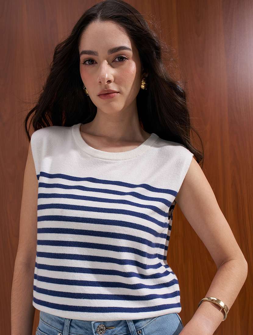 women striped round neck sleeveless regular top