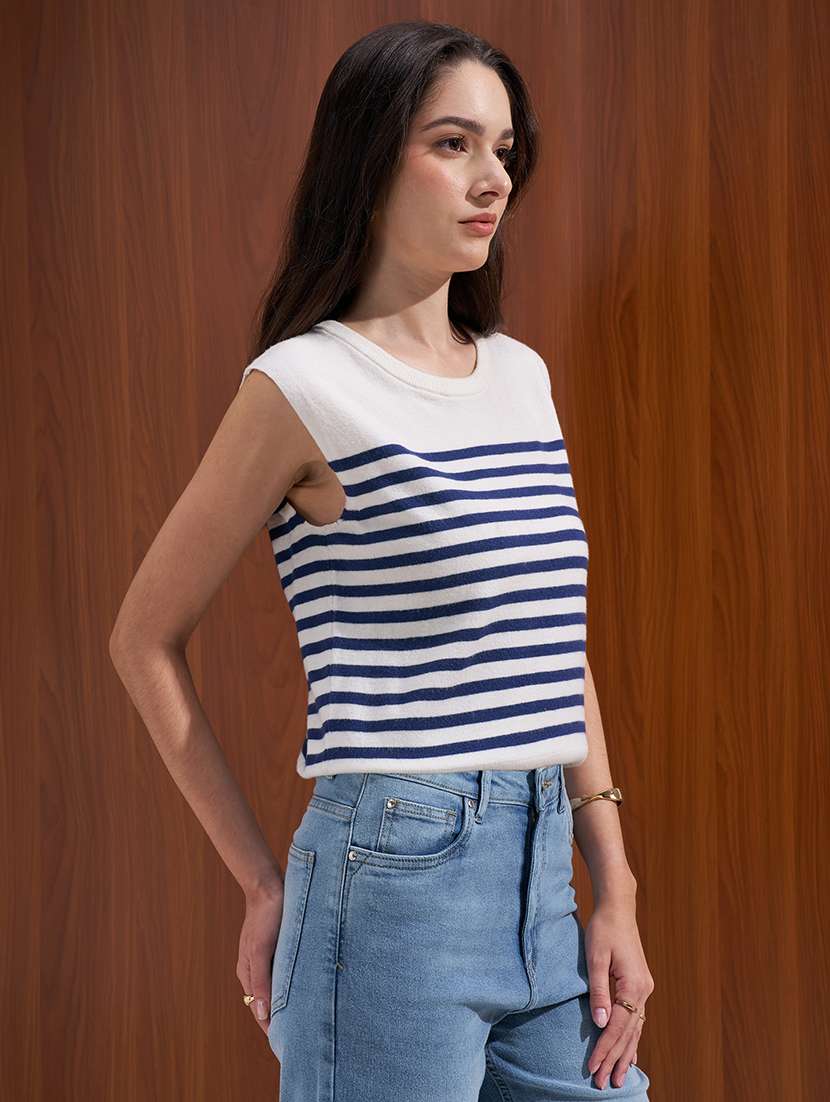 women striped round neck sleeveless regular top - 22527021 -  Standard Image - 3