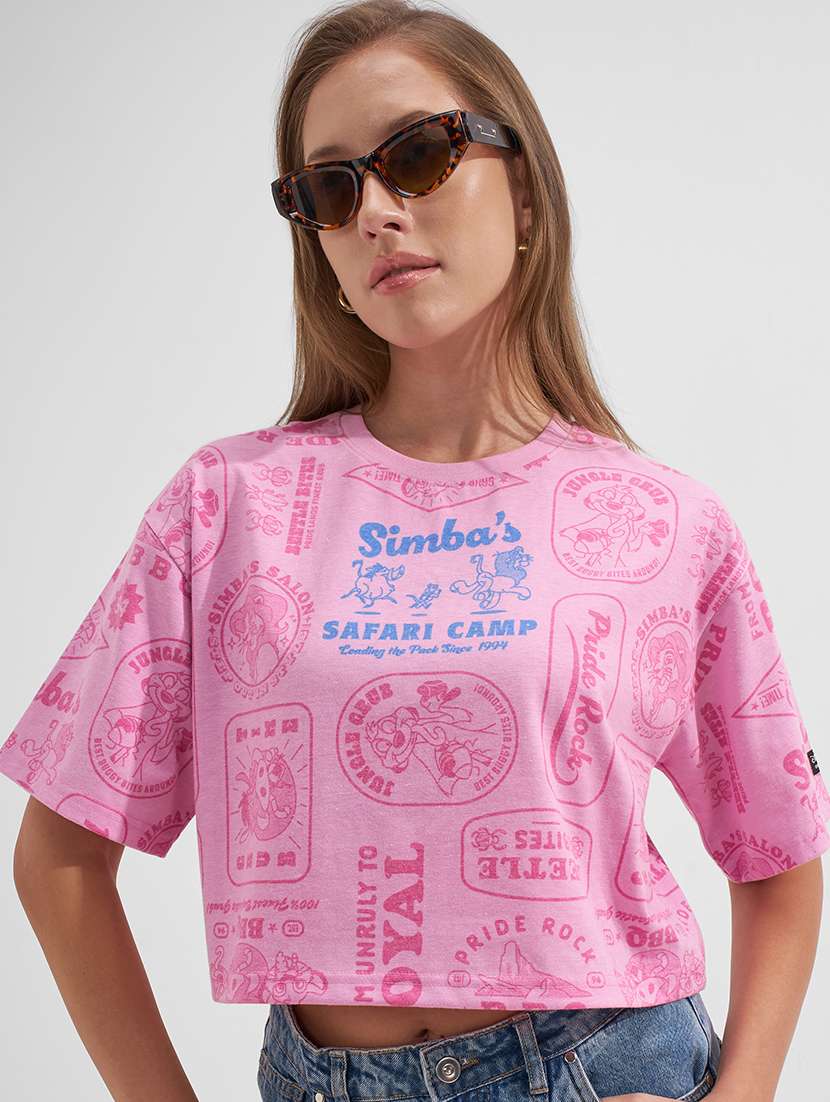 women printed round neck short sleeves crop t-shirt