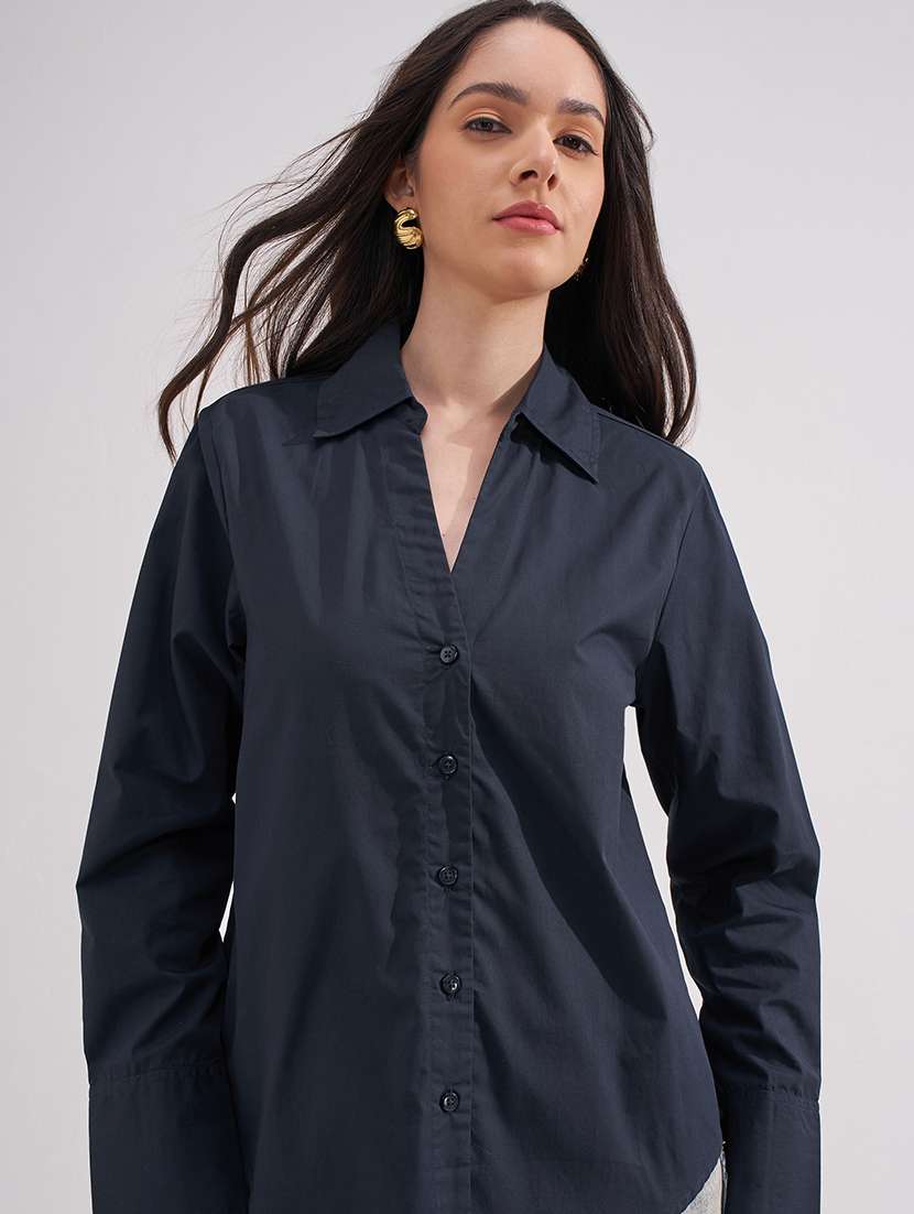 women solid collared long sleeves regular shirt