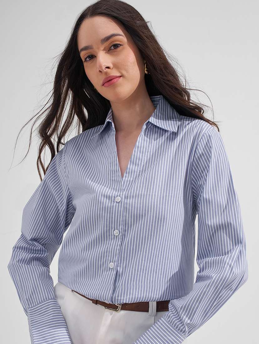 women striped collared long sleeves regular shirt