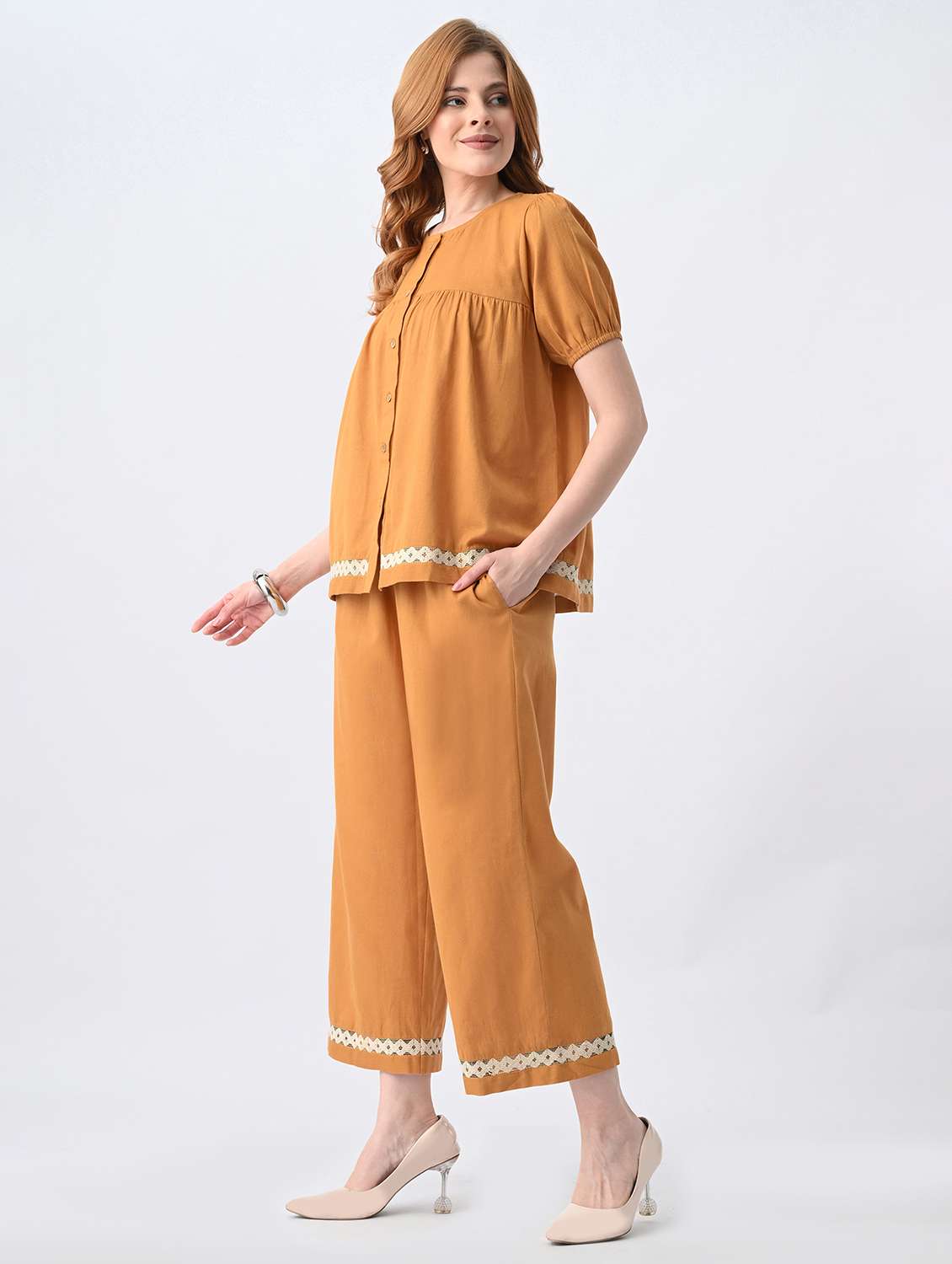women solid short sleeve top & trouser set co-ord - 22527063 -  Standard Image - 3