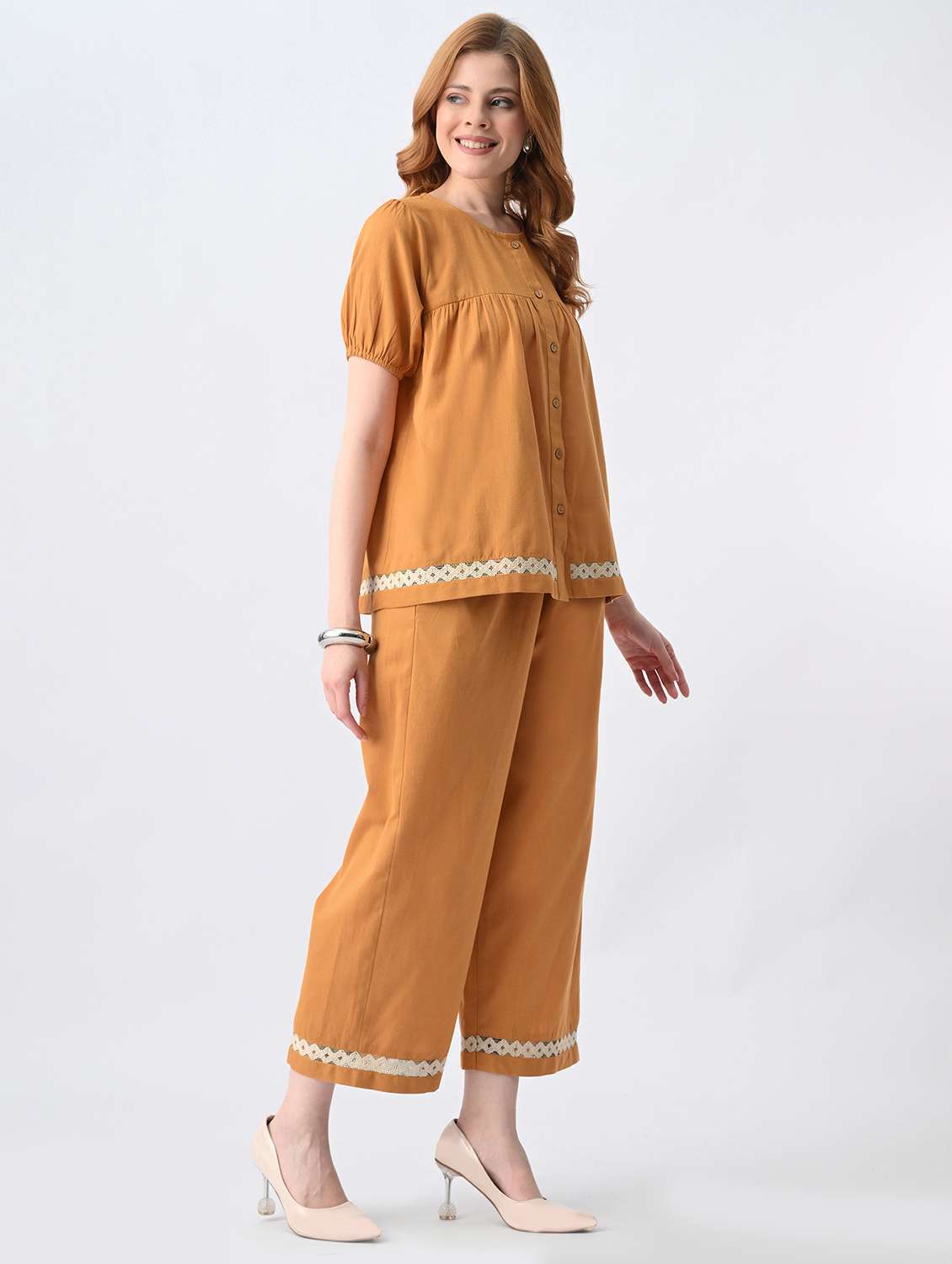 women solid short sleeve top & trouser set co-ord - 22527063 -  Standard Image - 5