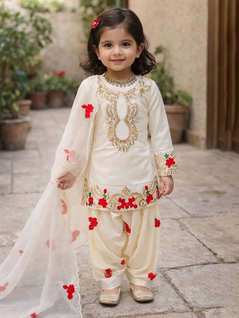 girls embroidered long sleeves kurta salwar set with dupatta