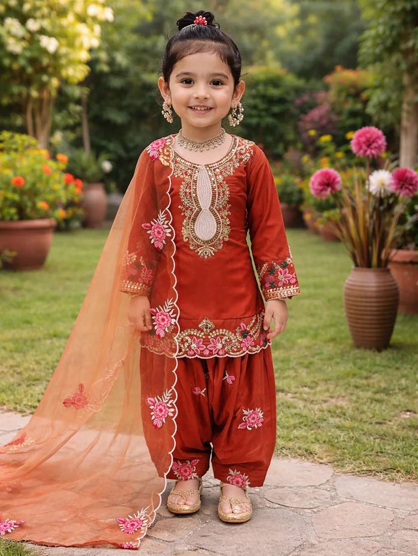 girls embroidered long sleeves kurta salwar set with dupatta