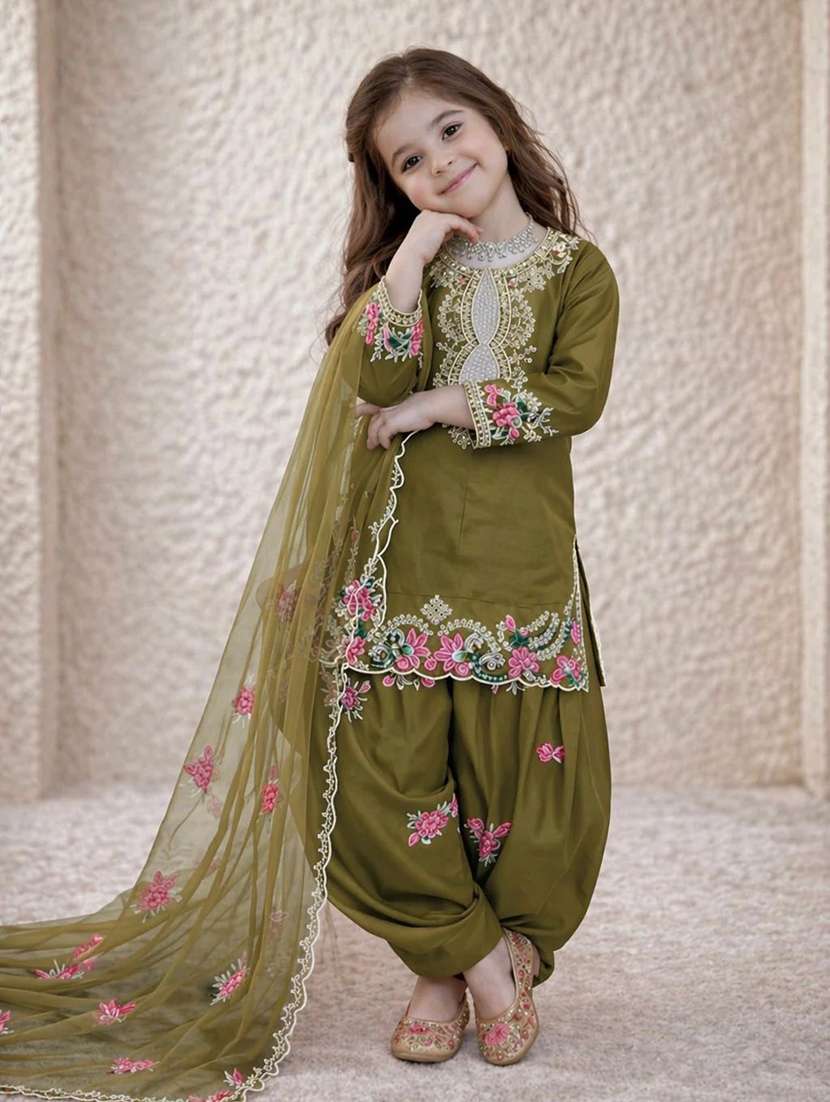 girls embroidered long sleeves kurta salwar set with dupatta