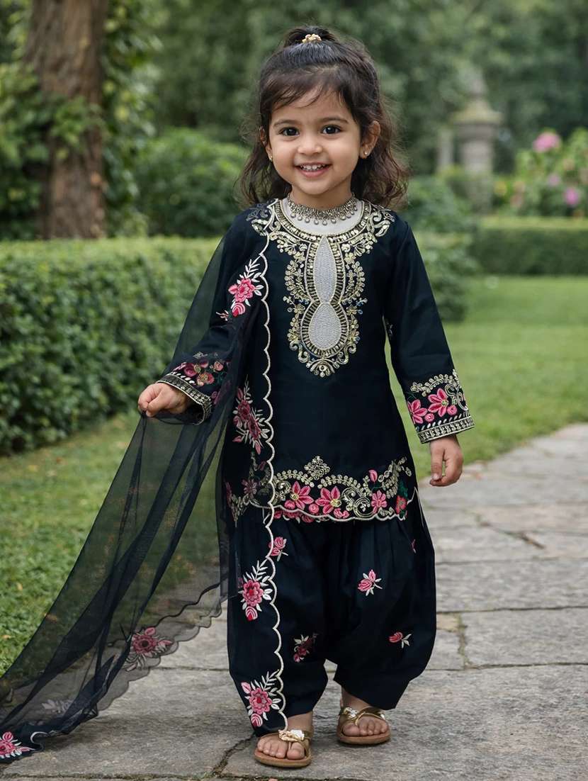 girls embroidered long sleeves kurta salwar set with dupatta
