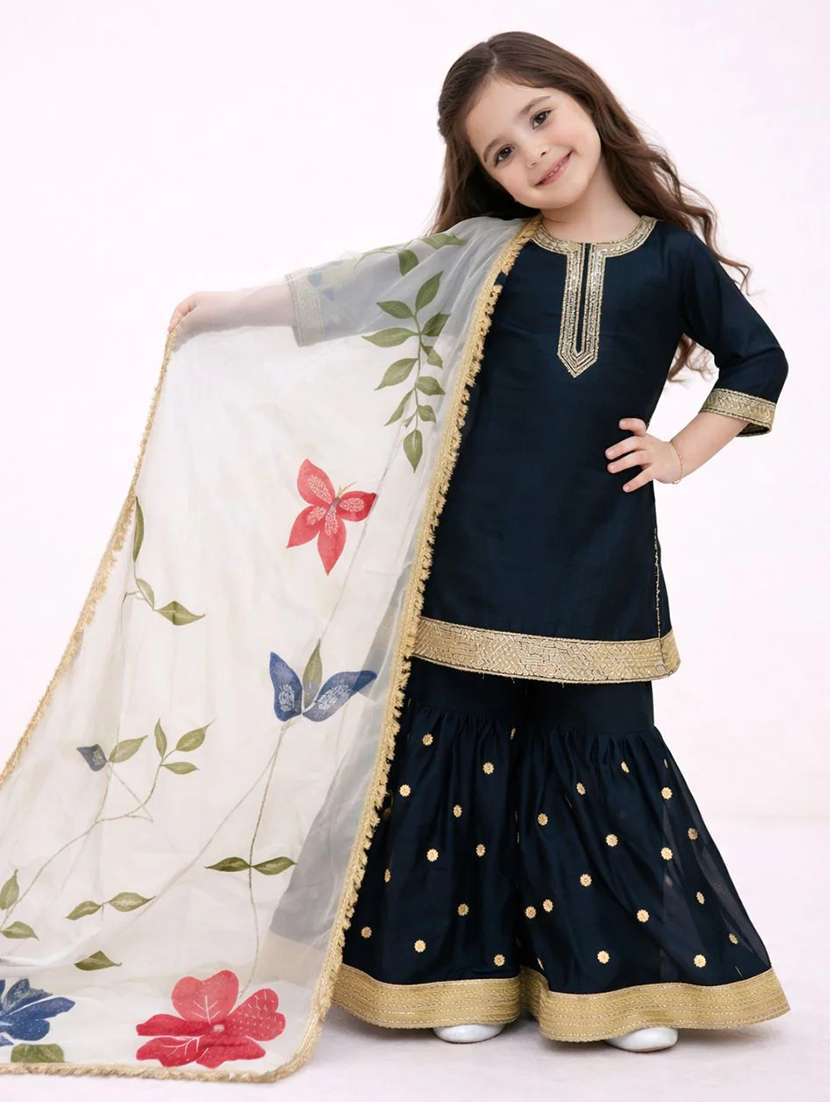 girls printed three quarter sleeves kurta sharara set with dupatta