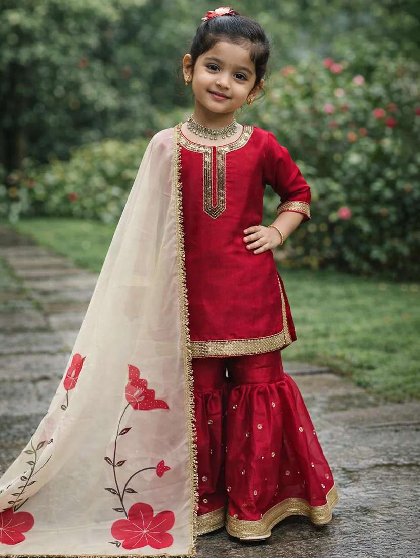 girls printed three quarter sleeves kurta sharara set with dupatta