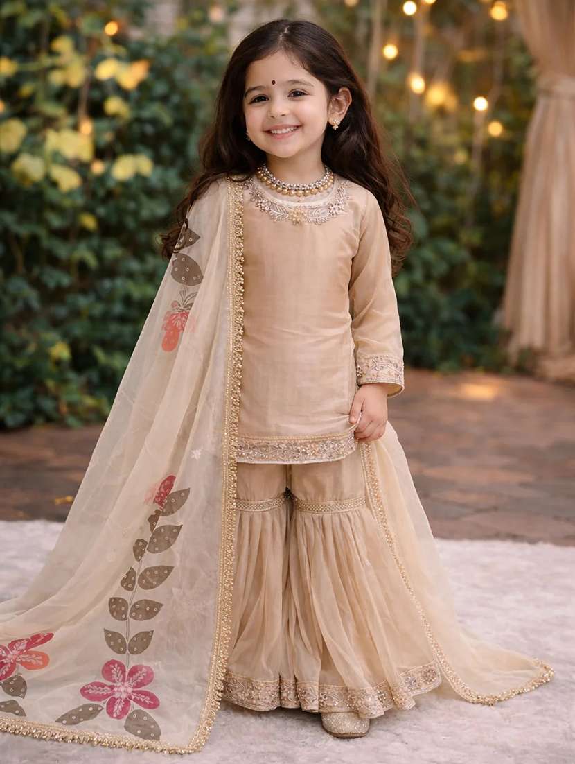 girls printed three quarter sleeves kurta sharara set with dupatta