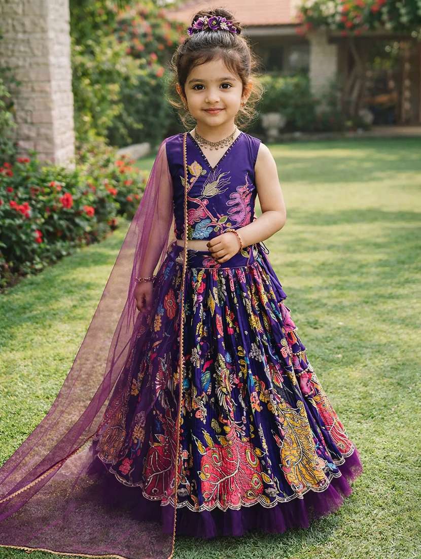 girls printed v neck lehenga choli set