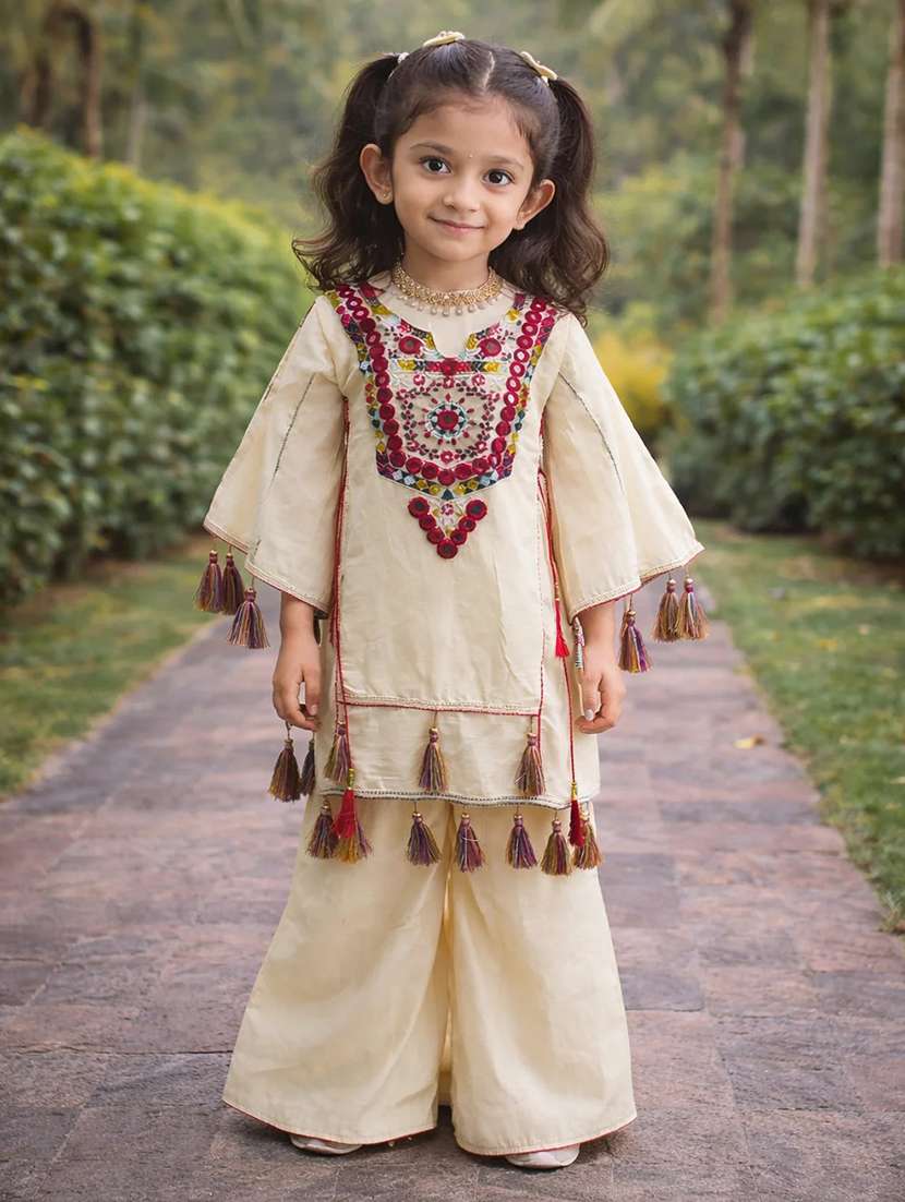 girls embroidered round neck kurta sharara set