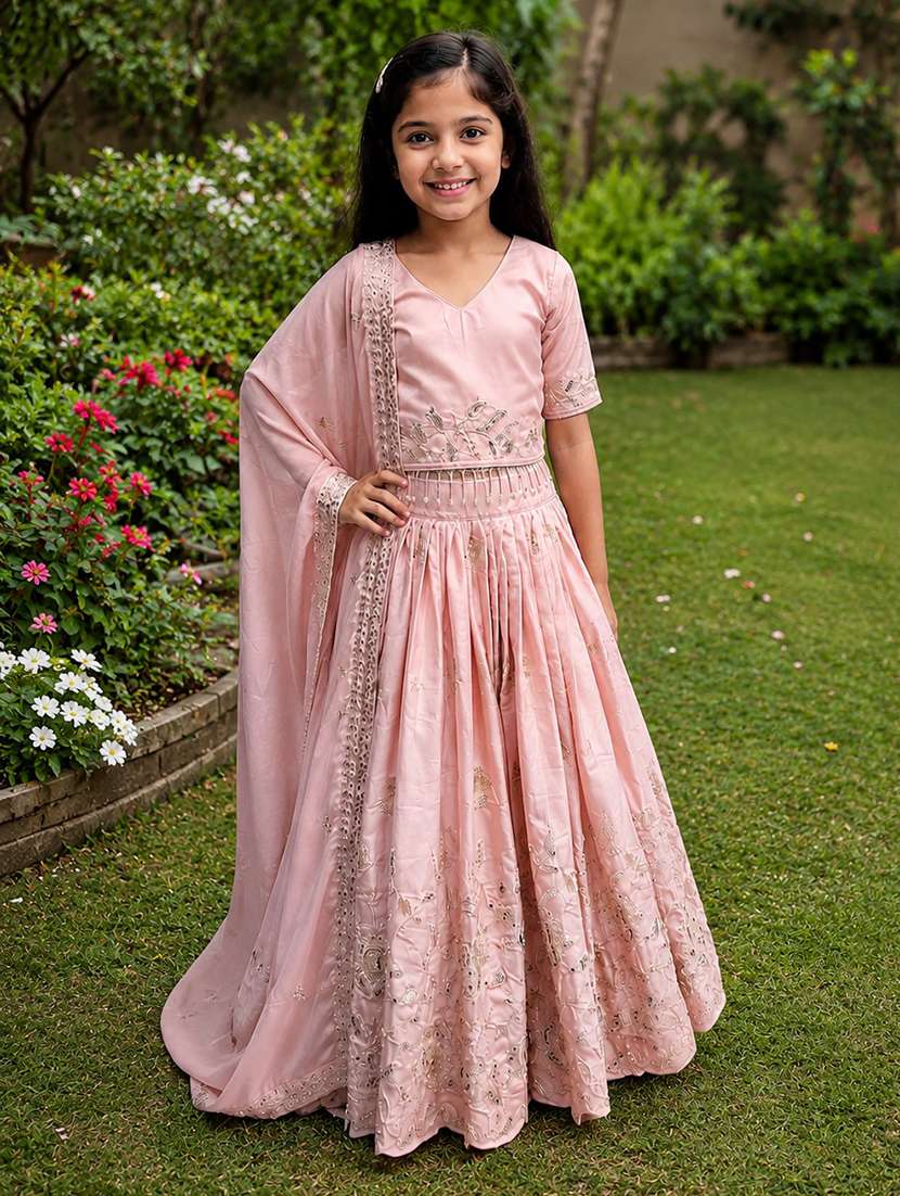 girls embroidered v neck lehenga choli set