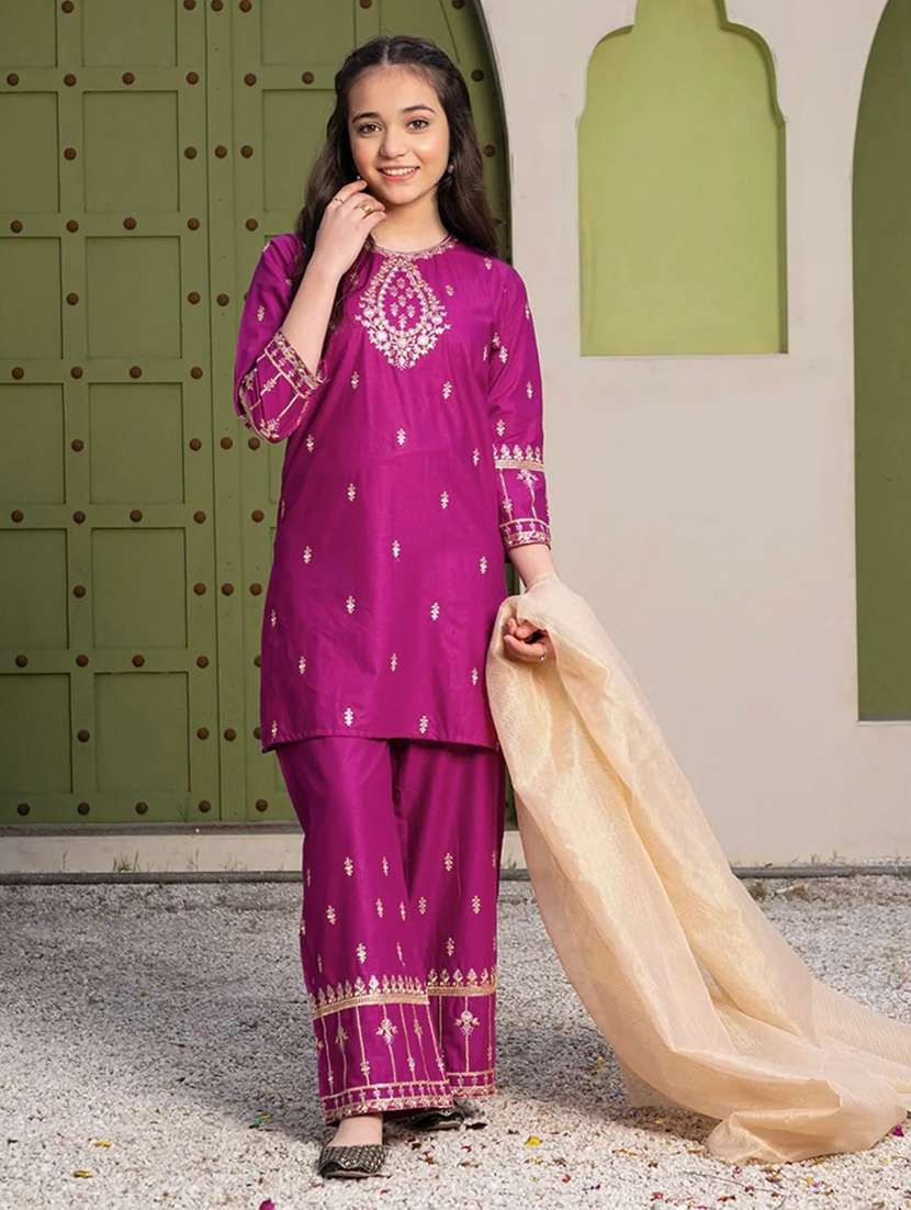 girls embroidered round neck kurta palazzo set with dupatta