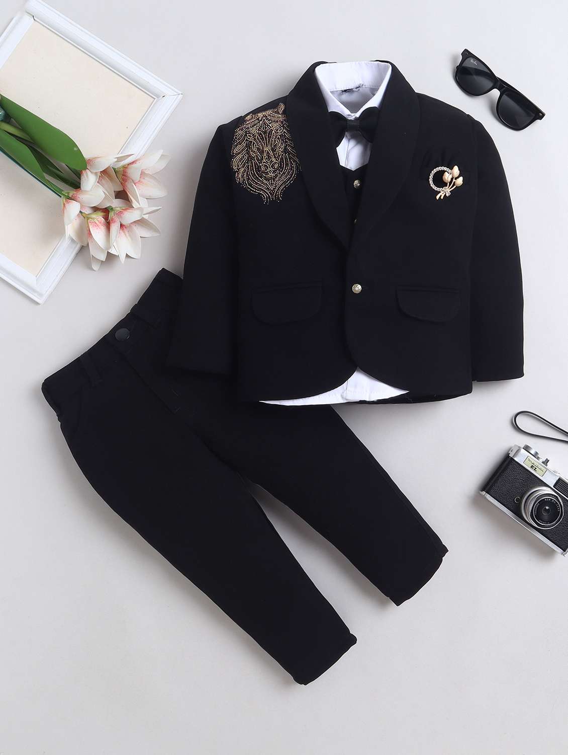 boys embellished lapel collared suit set