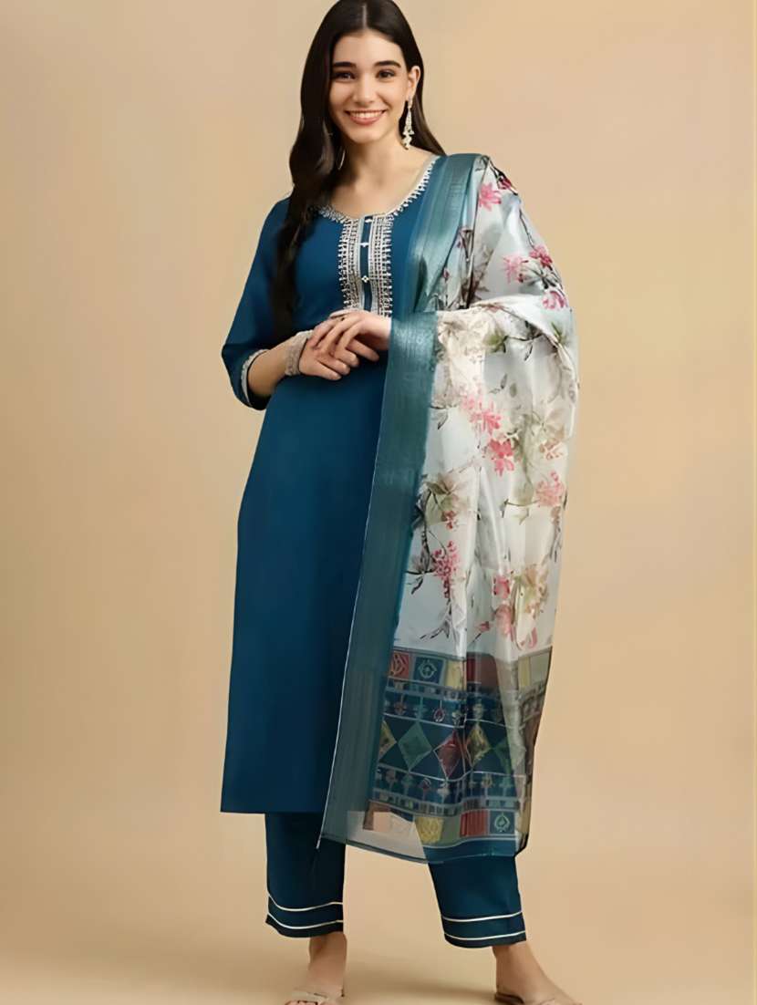 women embroidered three quarter sleeve kurta pant with dupatta set