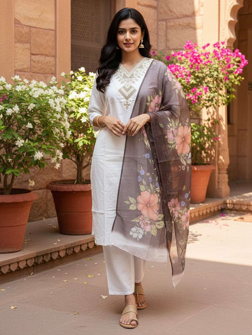 women embroidered three quarter sleeve kurta pant with dupatta set