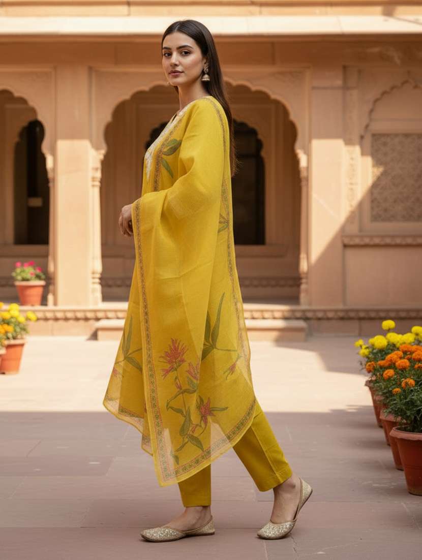 women embroidered three quarter sleeve kurta pant with dupatta set - 22527144 -  Standard Image - 3