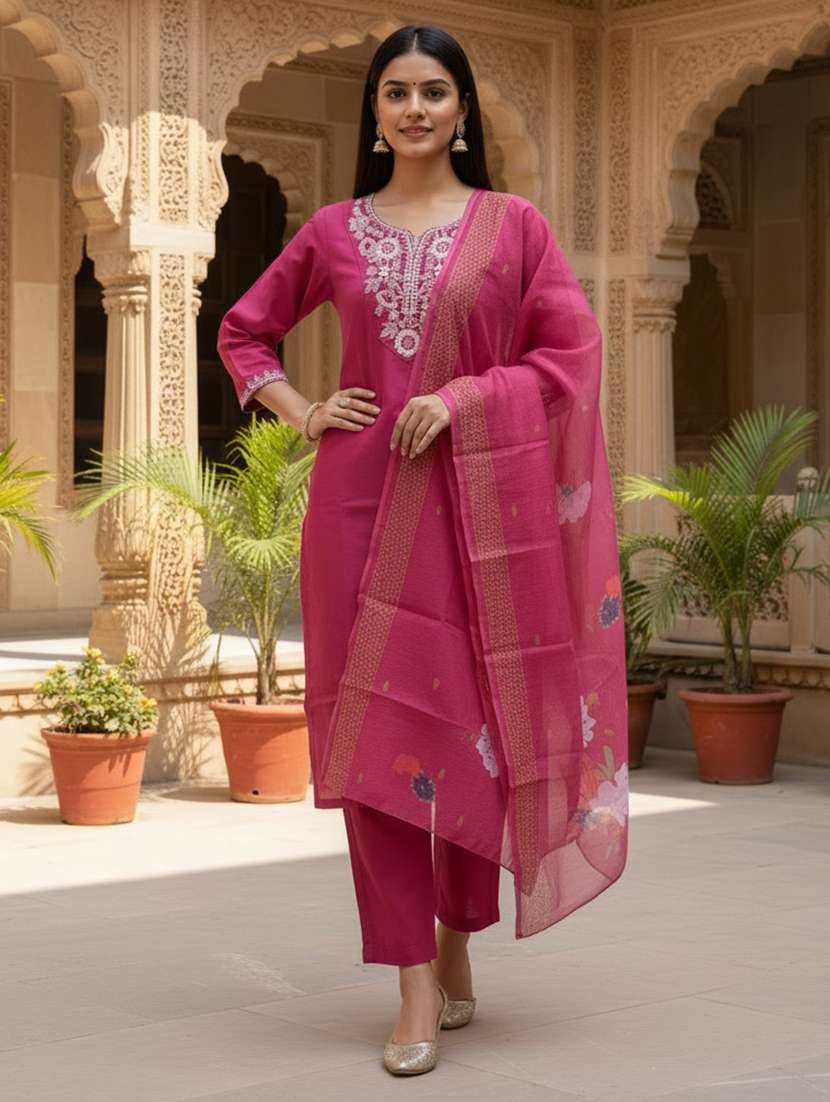 women embroidered three quarter sleeve kurta pant with dupatta set