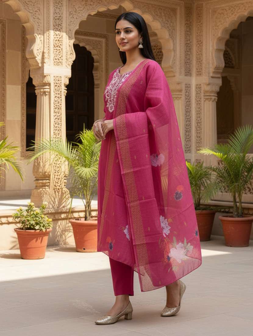 women embroidered three quarter sleeve kurta pant with dupatta set - 22527147 -  Standard Image - 3