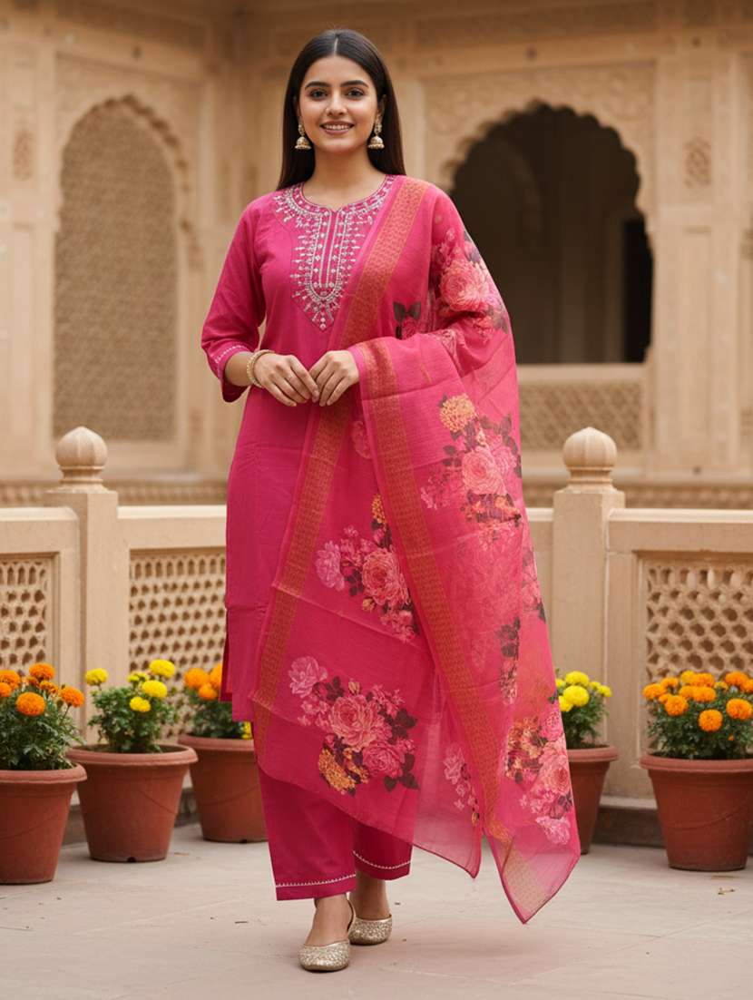 women embroidered three quarter sleeve kurta pant with dupatta set
