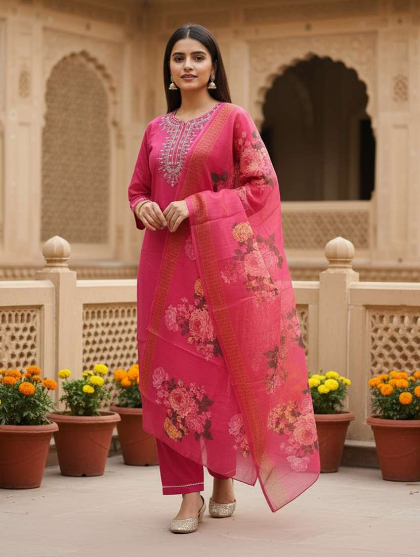 women embroidered three quarter sleeve kurta pant with dupatta set - 22527148 -  Standard Image - 3