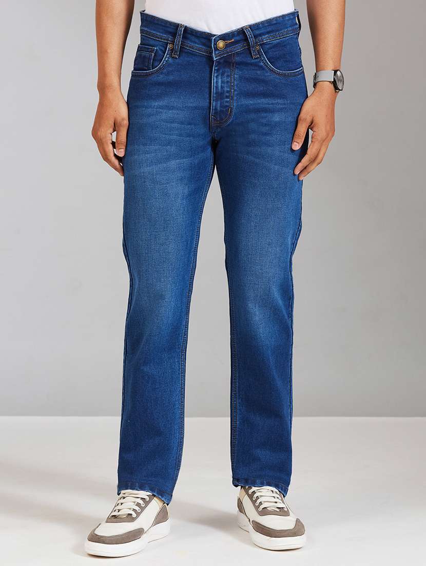 men washed mid rise full length straight jeans