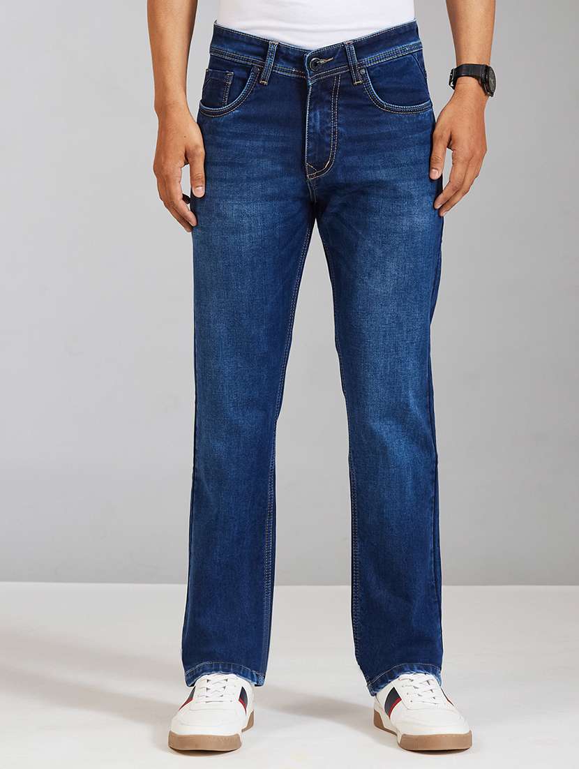 men washed mid rise full length straight jeans