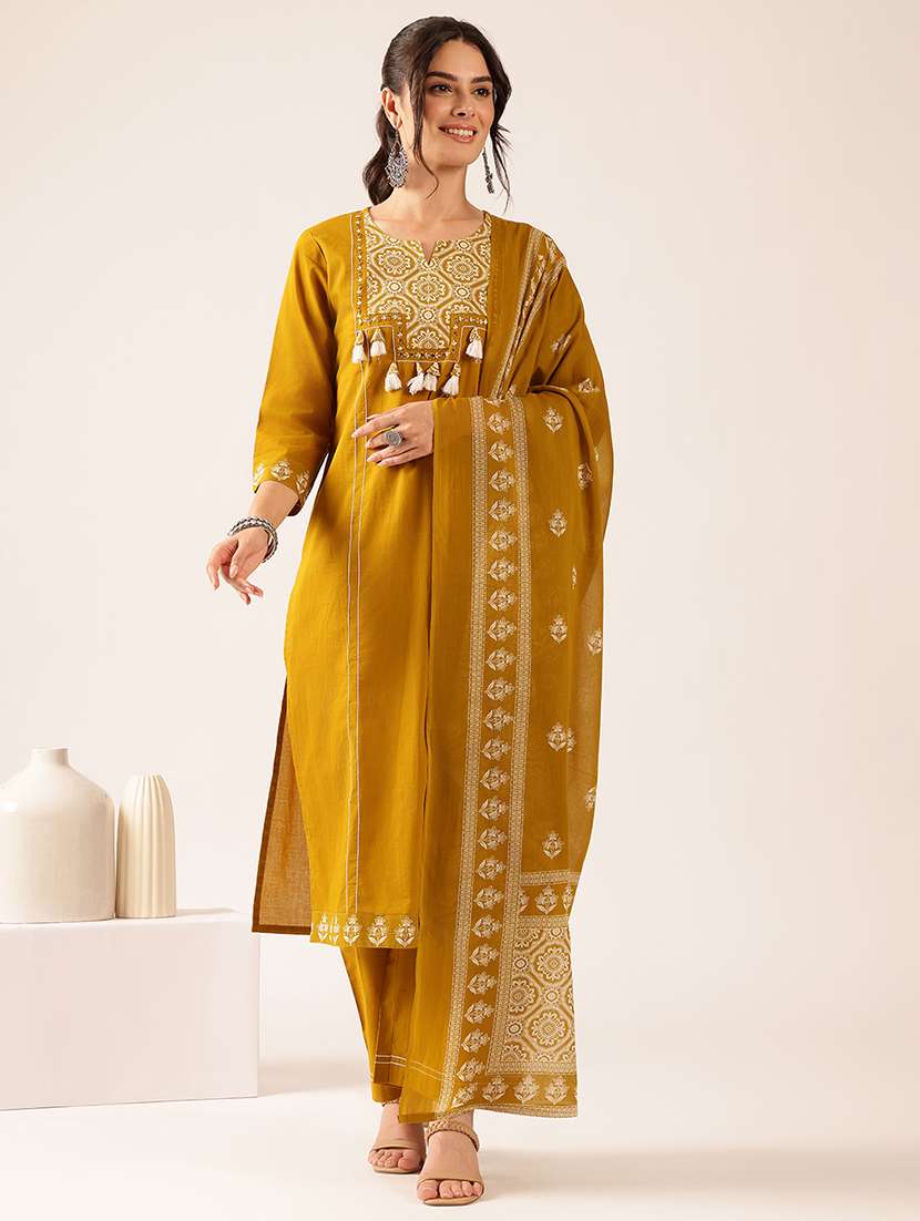 women embroidered three quarter sleeve kurta palazzo with dupatta set