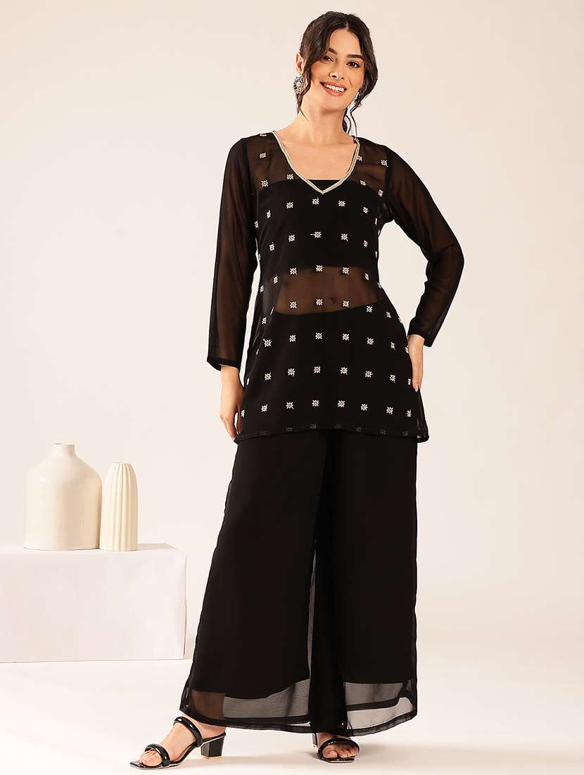 women embroidered long sleeve kurta palazzo set