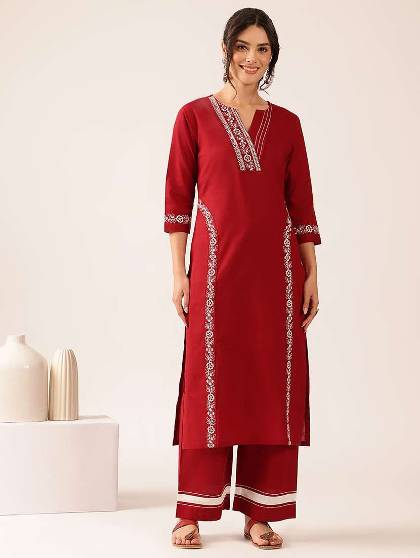 women embroidered three quarter sleeve kurta pant set
