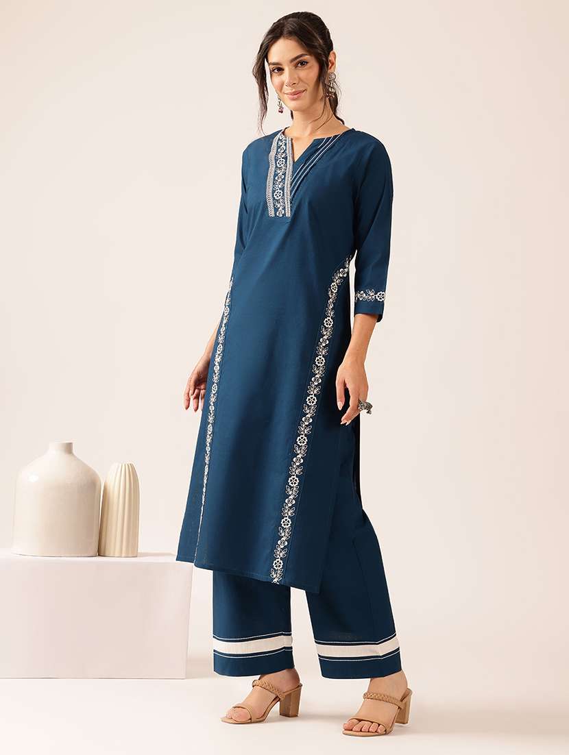 women embroidered three quarter sleeve kurta pant set - 22527350 -  Standard Image - 3