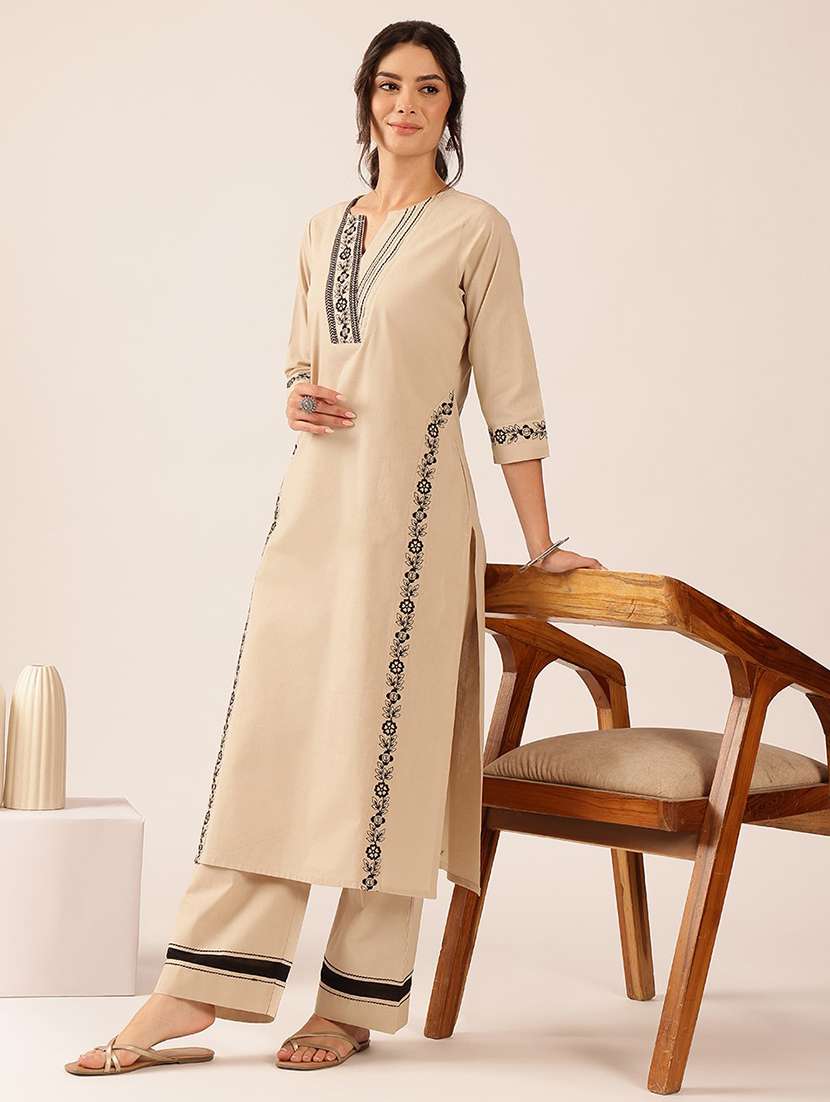 women embroidered three quarter sleeve kurta pant set