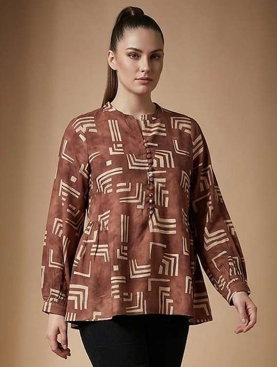 women printed mandarin neck a-line top