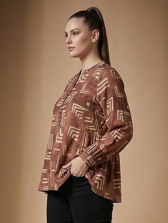 women printed mandarin neck a-line top - 22527561 -  Standard Image - 3