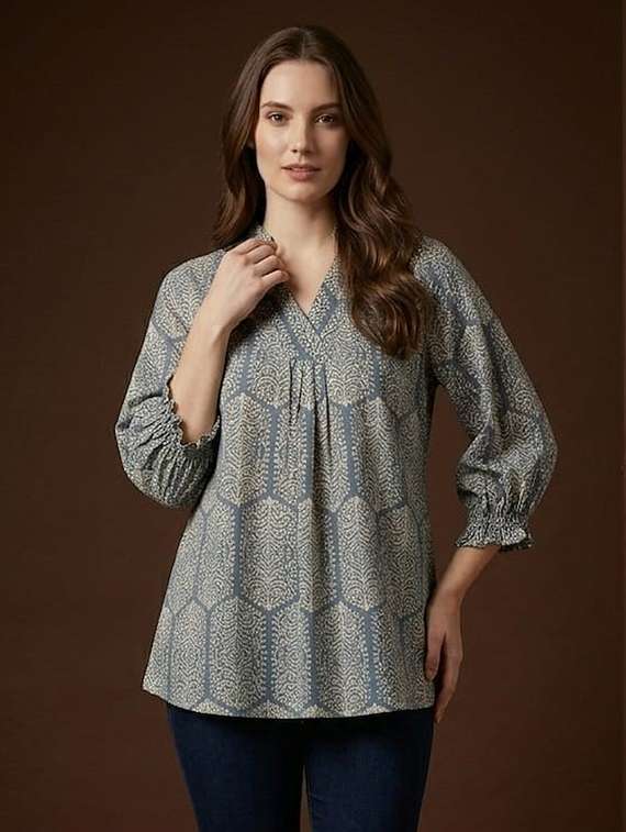 women printed mandarin neck a-line top
