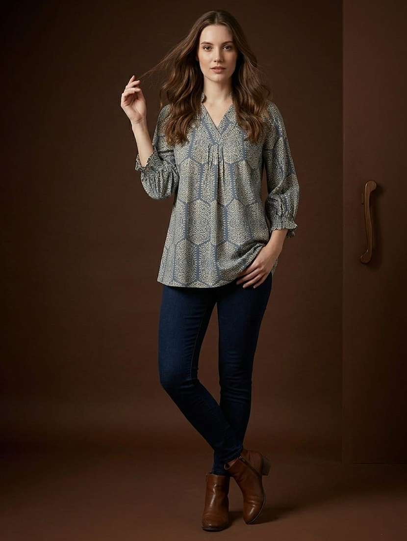 women printed mandarin neck a-line top - 22527563 -  Standard Image - 5