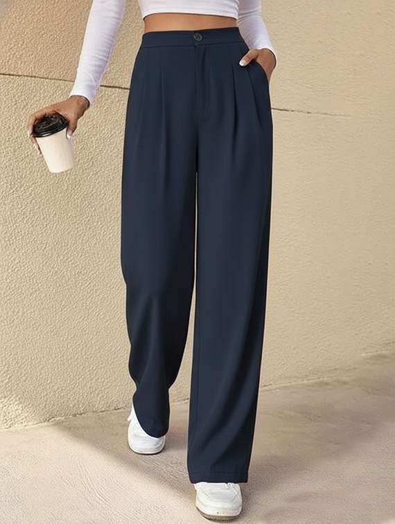 women solid high rise straight fit trouser