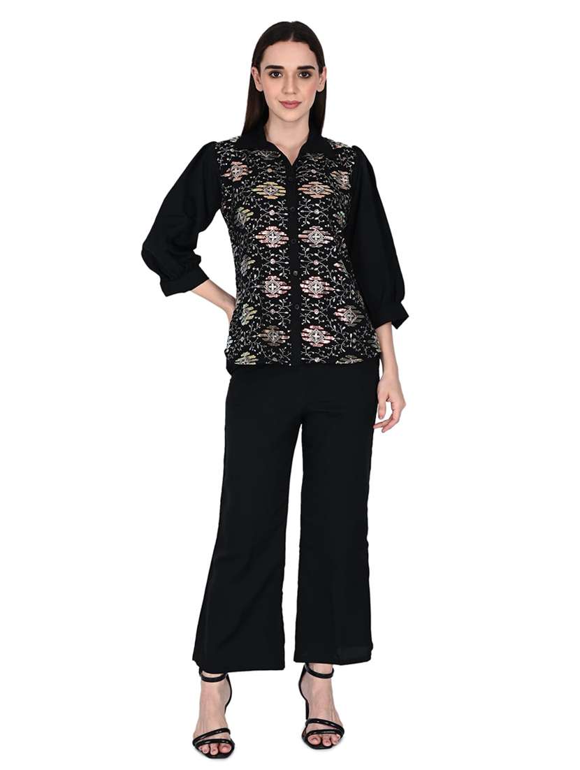 women embroidered collared ethnic co-ord set