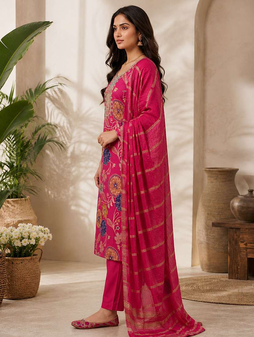 women printed three quarter sleeves kurta and pant set with dupatta - 22527687 -  Standard Image - 3