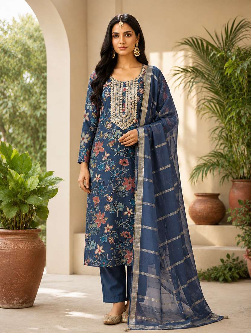 women floral long sleeve kurta pant with dupatta set