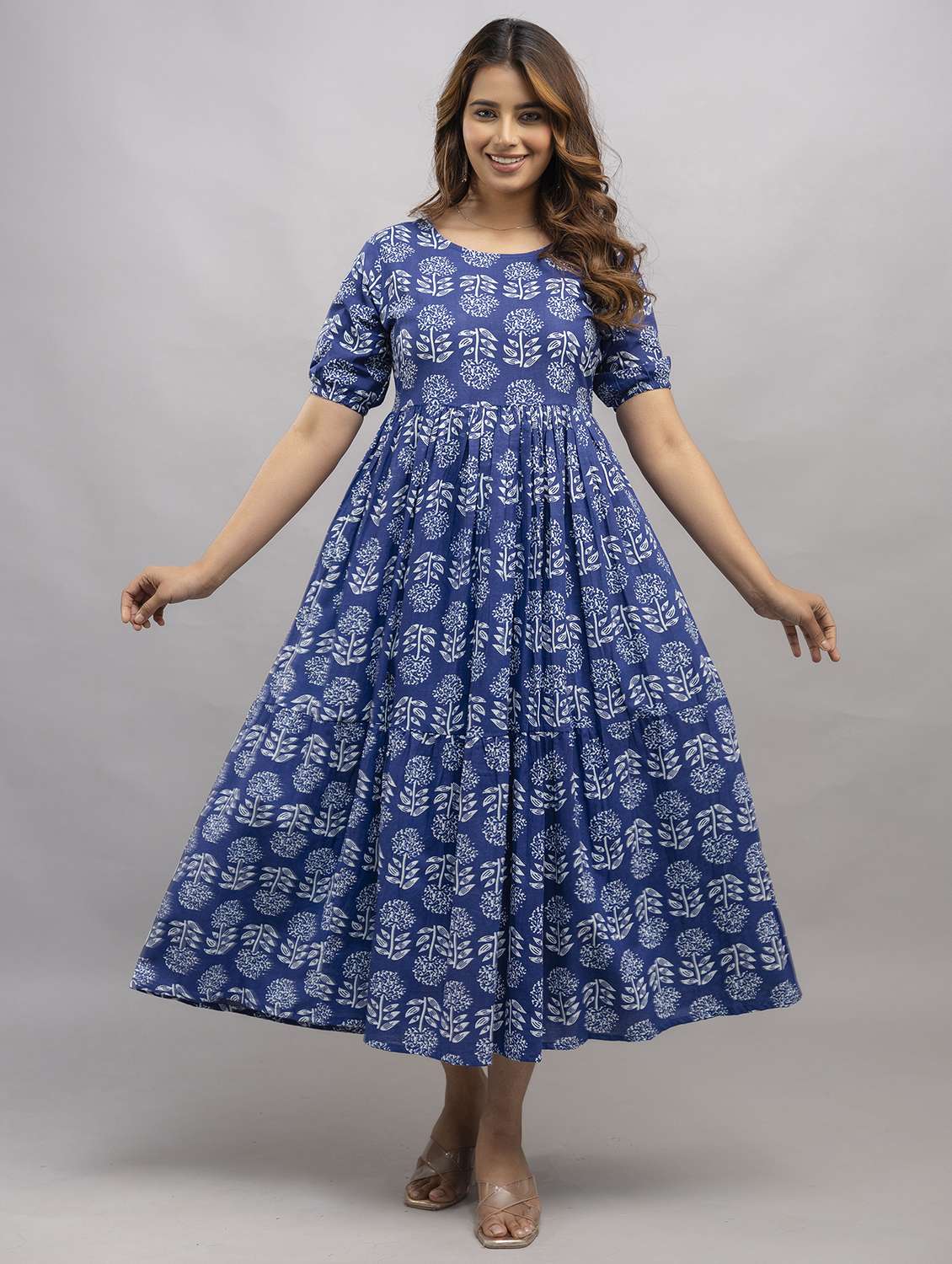 women printed puff sleeve fit & flare ethnic dress