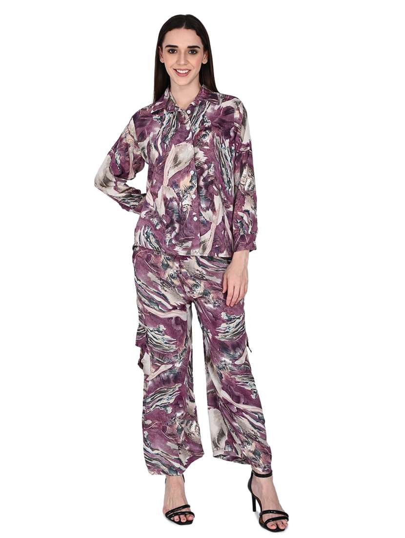 women printed long sleeve shirt & trouser co-ord set